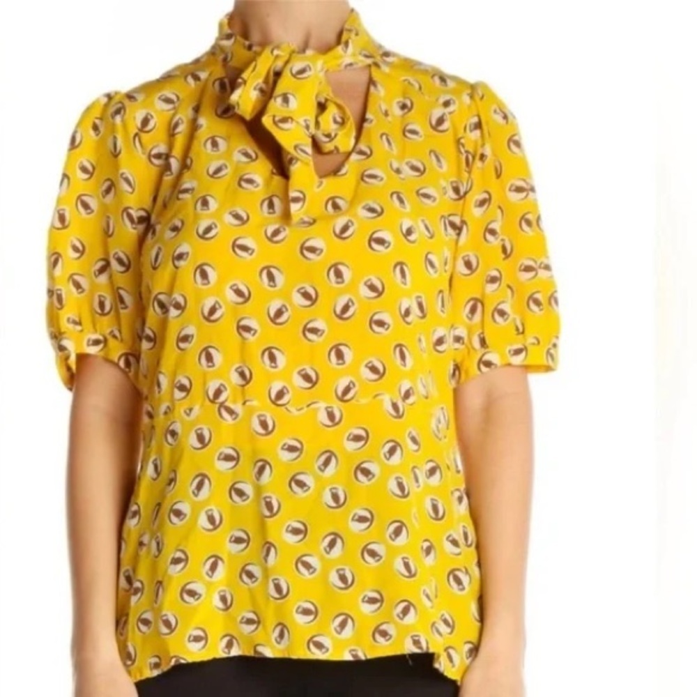 Anthropologie Girls From Savoy Yellow Silk Owl Tie Neck Blouse Size 2